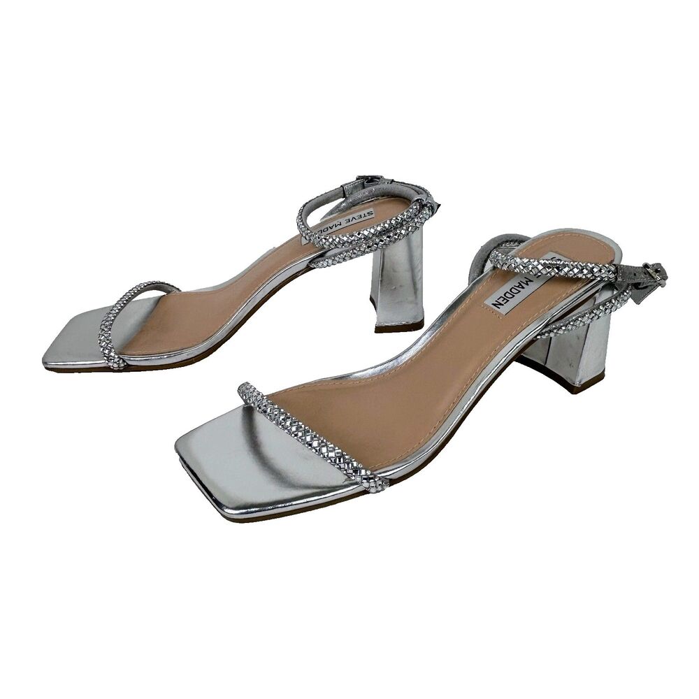 Steve Madden Hurrah Dress Sandals Silver Strappy Heels Crystal Embellishment 8 - Picture 3 of 12